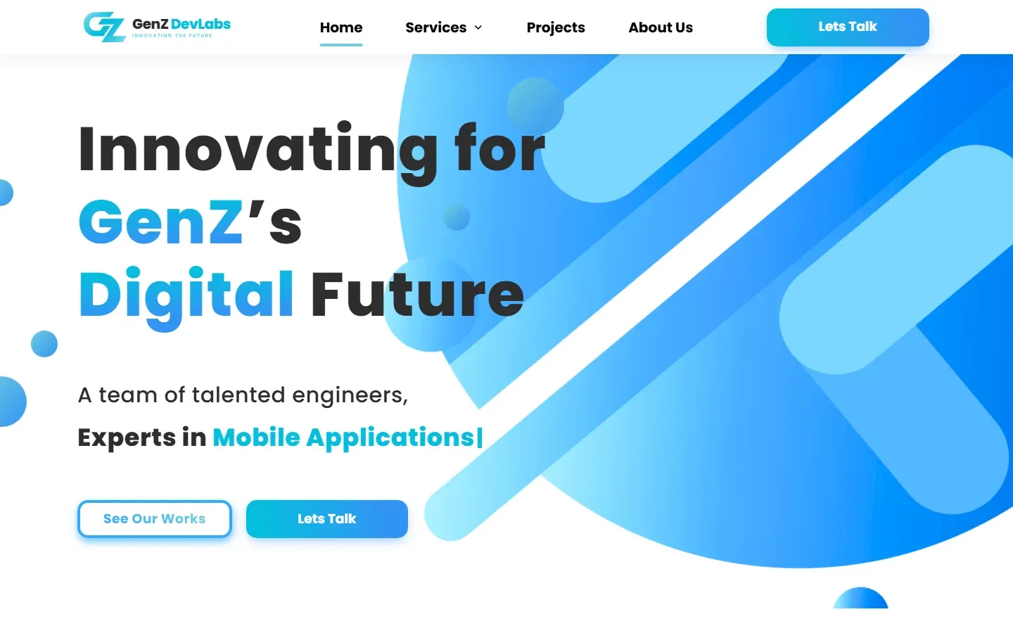 GenZ DevLabs company website, scrolling from the hero through services and projects